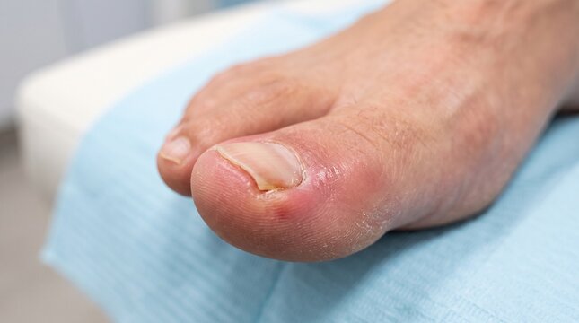 Macro photograph of an inflamed lateral cushion on the big toe at the initial stage of ingrown toenail development.