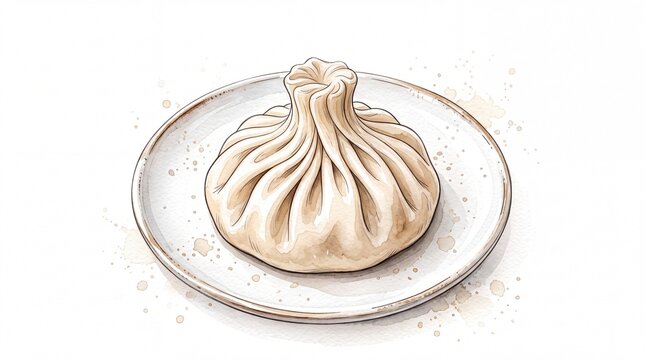 Detailed watercolor illustration featuring delicious traditional khinkali dumpling resting on ceramic plate on white background
