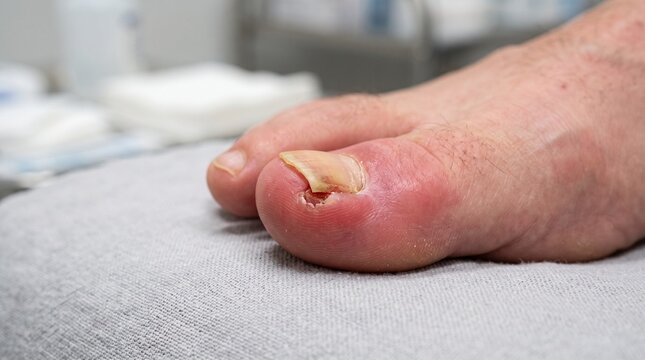 Macro photograph of a lesion on the lateral roller of the big toe with wound formation and inflammation due to an ingrown toenail.