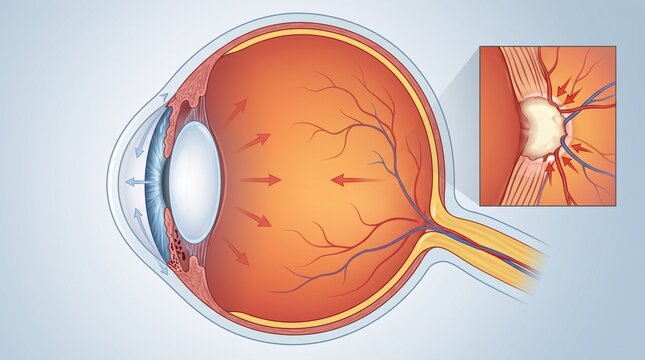Scheme of increased intraocular pressure in glaucoma with a detailed enlargement of the damaged and depressed optic nerve head.