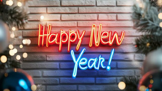 Festive neon sign with happy new year message on brick wall for holiday celebration