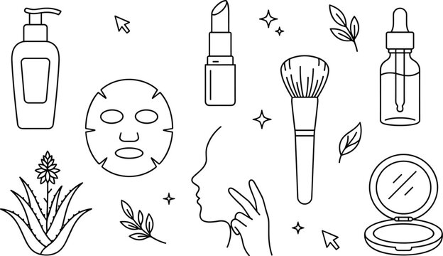 Skincare and beauty cosmetics vector icons set featuring lotion dispenser pump bottle, facial sheet mask, aloe vera plant, lipstick, makeup brush, serum dropper, and powder compact mirror