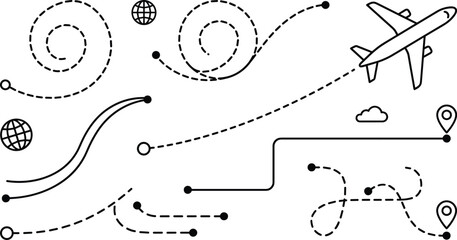 Global travel routes and aviation path vector icons set featuring airplane flight trail, map pin markers, spiral dotted trajectories, and planet earth globe symbols © MDHELAL
