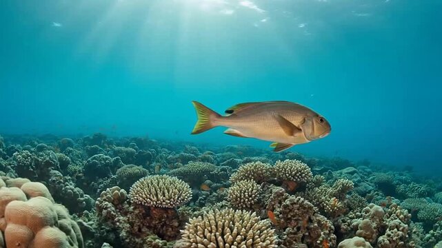 A single fish swims above a vibrant coral reef in clear blue ocean water