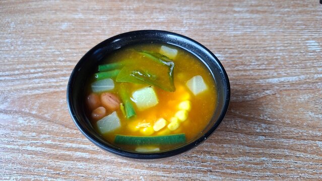 Sayur asam, sayur asem or tamarind soup is a popular traditional Indonesian soup. Common ingredients are chayote, long beans and corn with the addition of tamarind
