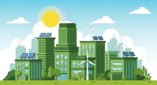 Green eco city with solar panels and wind turbine in pixel art style illustration