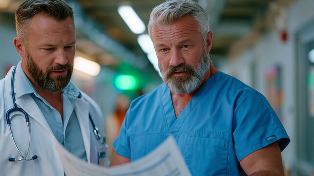 A retired Navy corpsman in scrubs consulting with a civilian attending physician in a hospital hallway, reviewing a printed chart, the challenge of credential transfer and civilian medical integrati