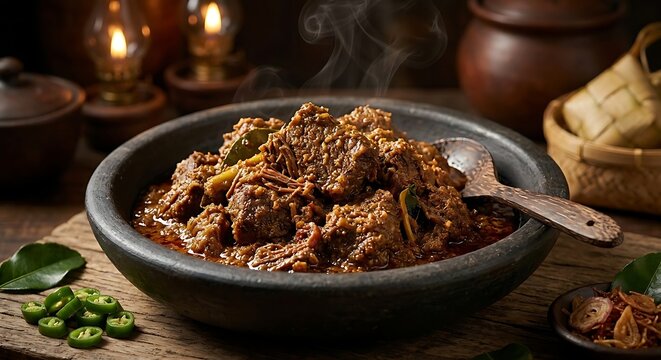 Traditional Indonesian beef rendang in a clay bowl with steam, served with ketupat and spices on wooden background