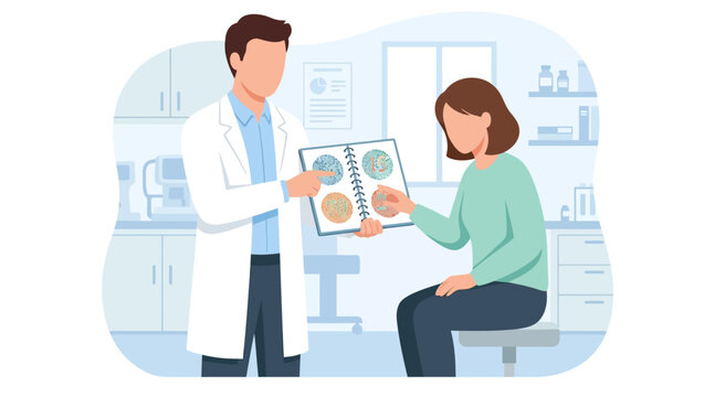 Flat vector illustration of a male ophthalmologist in a white lab coat conducting a color vision deficiency test for a female patient using Ishihara plates in a clinical office setting.