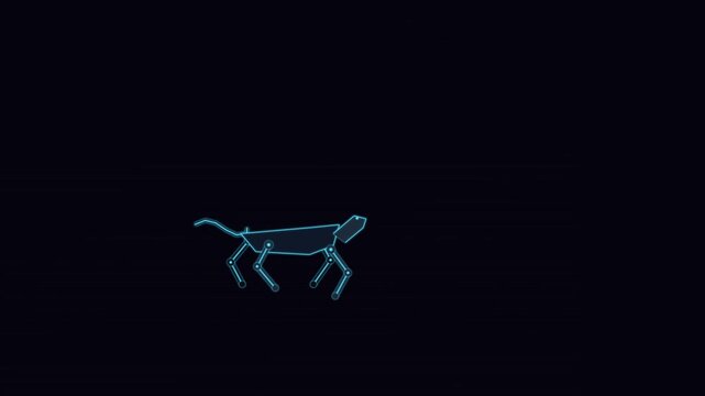 Futuristic wireframe robotic dog running animation with glowing neon outlines glitch effects and a flying rocket in a synthwave retro digital space style