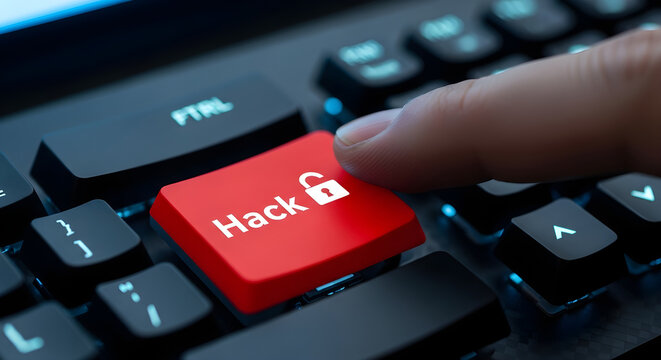 Cybersecurity hack button on computer keyboard, red hacking key with padlock icon, digital data breach and network security concept