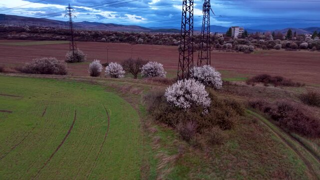 Aerial view of broad agricultural fields with green crops and freshly cultivated soil crossed by high-voltage electricity pylons and power lines, with rolling hills and rural settlements in the distan