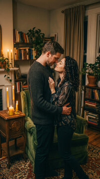 Abrazo apasionado y rom&aacute;ntico de una pareja a la luz de las velas en un ambiente elegante, tenue y lleno de sensualidad de buen gusto.
