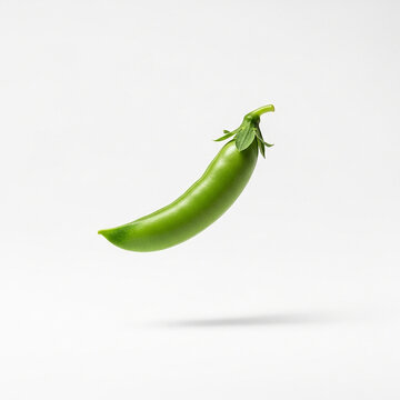 Fresh Organic Green Sugar Snap Pea Pod Levitating Against a Clean White Background with Soft Shadow
