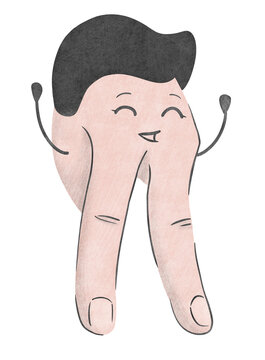 Cheerful hand‑drawn character with finger‑legs, raised arms, big smile, playful energy, and expressive charm.