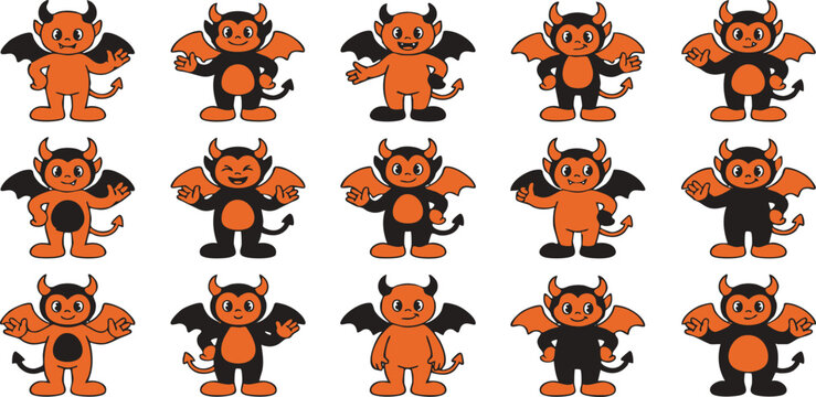Set of cute cartoon devil characters with various poses and expressions for halloween design projects