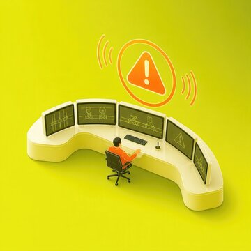 3D control room operator facing warning alert on curved monitors