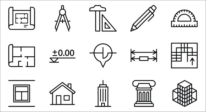 Architectural Drafting Icons Line Style On White Background architect architecture blueprint compass construction design drawing
