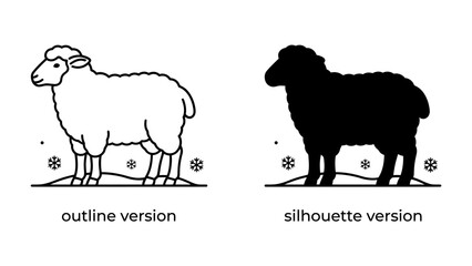 Sheep Outline and Silhouette: A side-view illustration of a sheep, presented in both an outline and a solid silhouette version, set against a background with subtle snowflake elements. © Md