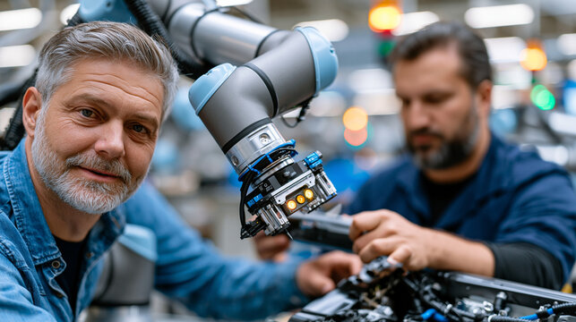 Collaborative robot arm pausing mid-motion on an automotive assembly line as a proximity sensor detects a technician reaching across its workspace, safety lights flashing amber while the worker adju