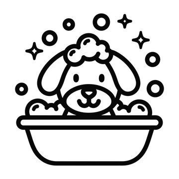 Cute dog taking a bath in a tub with soap bubbles around