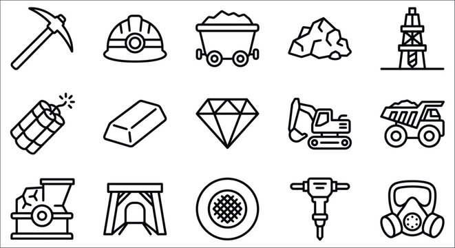 Mining Industry Icons Set Line Style Illustrations On White Background excavation drill diamond equipment ore