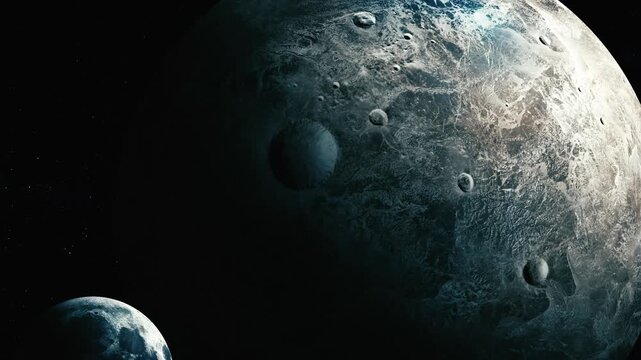 Dark space scene with a large cratered moon or planet and a small earth-like world in the distance
