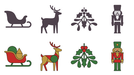 Fototapeta premium Christmas Icons Set Sleigh Deer Holly Nutcracker Vector Graphics