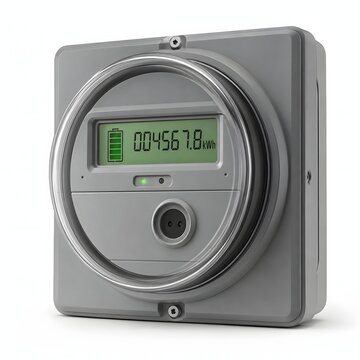 Digital electric power meter with illuminated liquid crystal screen displaying kilowatt hours. Great for energy conservation campaigns, utility company portals, and smart home feature articles.