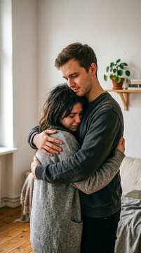 Hombre consolando con un abrazo c&aacute;lido a su pareja en un momento de vulnerabilidad, reflejando apoyo mutuo y comprensi&oacute;n.