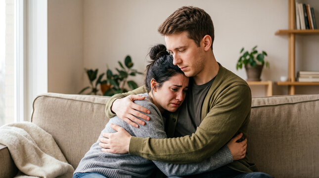 Hombre consolando con un abrazo c&aacute;lido a su pareja en un momento de vulnerabilidad, reflejando apoyo mutuo y comprensi&oacute;n.