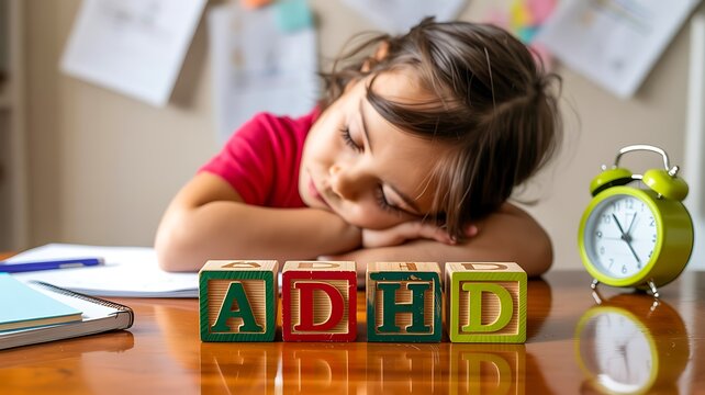 Cute schoolgirl resting on books with alphabet blocks and alarm clock