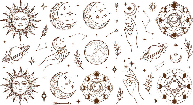 Set of celestial and mystical vector elements featuring celestial sun faces crescent moons planets constellations moon phases and witchy hands line art illustration isolated on white background.