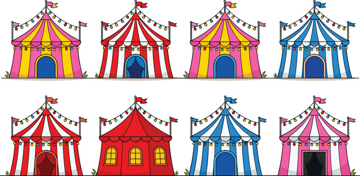 Set of colorful circus tents big top carnival pavilions decorated with string lights and flags vector cartoon illustration isolated on white background.