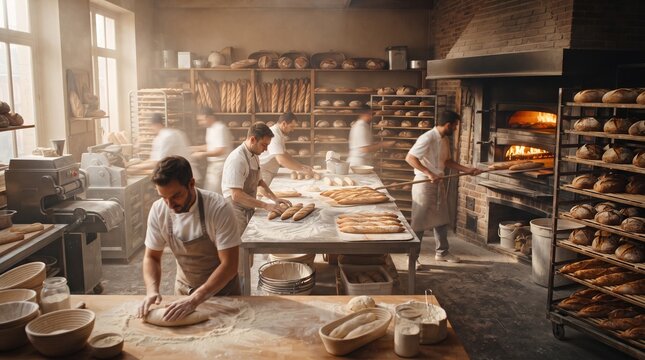 Busy artisanal bakers preparing fresh bread and dough in a warm, traditional bakery workshop