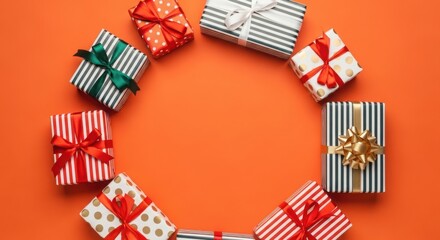 Fototapeta premium Colorful gift boxes arranged in a circle on an orange background illustration