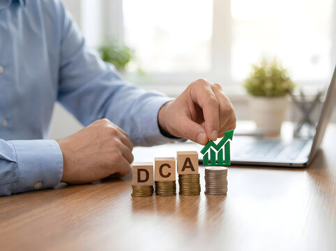 Person placing green growth icon on wooden blocks labeled dca for dollar cost averaging investment