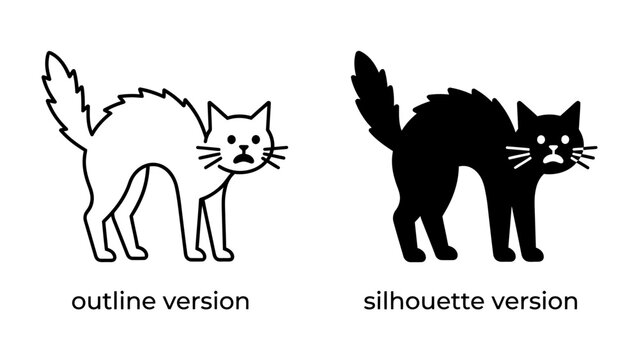 Scared Cat Silhouette and Outline: A black cat in silhouette and an outline version of a scared cat with arched back, puffed fur, and wide eyes, conveying fear or surprise.