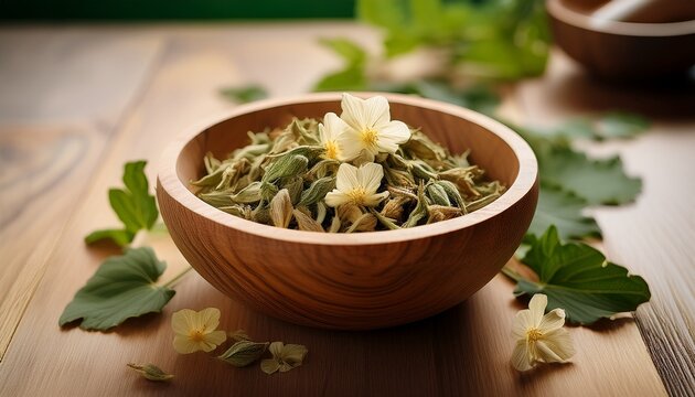 Wooden Bowl Filled With Dried Tribulus Terrestris Leaves And Flowers Illustrating Herbal Healing Practices