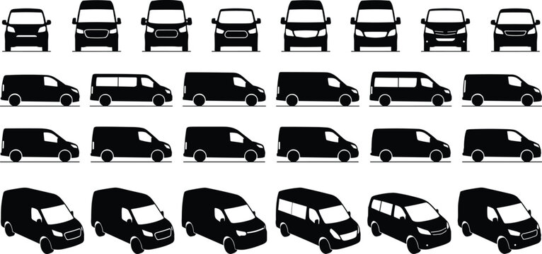 Black Van Silhouette Set with Front Side and Isometric Vehicle Views