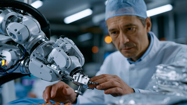 Robotic surgical assistant arm being calibrated by a biomedical engineer in a hospital equipment bay, the technician aligning its force-feedback sensors with a calibration jig while sterile packagin