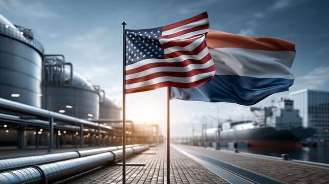American and dutch flags fluttering next to industrial structures during the evening twilight
