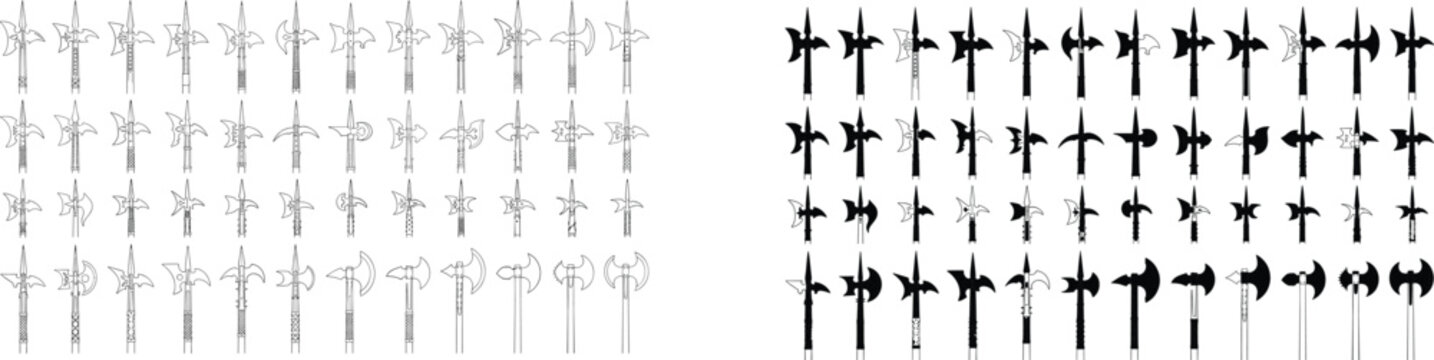 Set of medieval halberds polearms and battle axes vector illustrations for game design