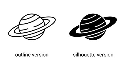 Saturn Icon Set: A visual representation of the planet Saturn, presented in both an outline and silhouette style, perfect for representing space, astronomy, or scientific themes. © Md