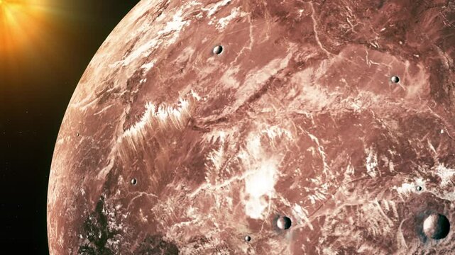 Close view of a reddish rocky planet with craters and bright sunlight in space, showing a dramatic alien world background