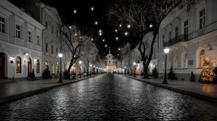 Fototapeta premium Empty Cobblestone Street Lined With Old Buildings and Streetlights at Night.