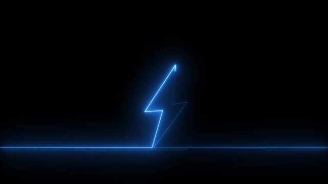 Blue neon lightning bolt symbol on black background with horizontal line image photo