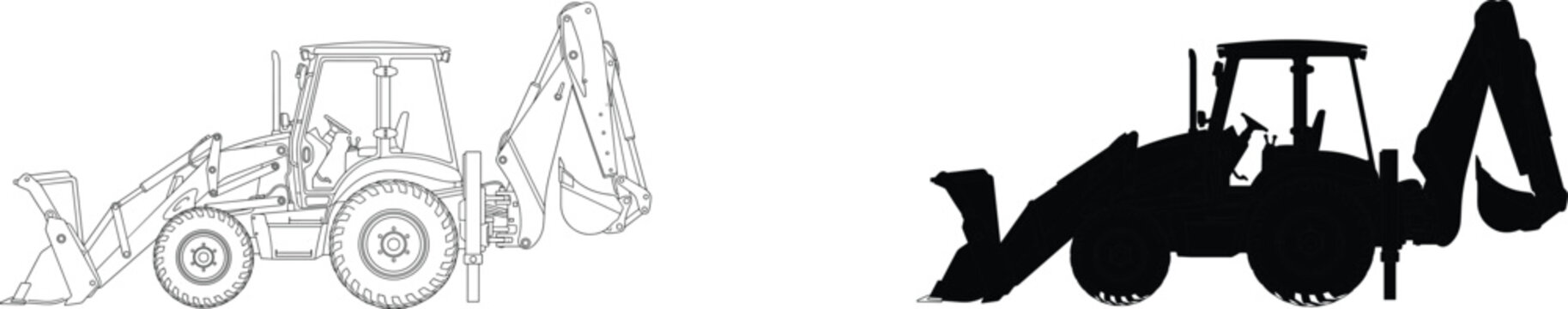 Technical vector illustration of a backhoe loader tractor construction vehicle in side view