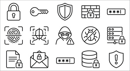Security icons set line style depicting locks keys and biometric authentication on white background access © Vactor media 