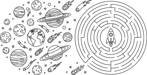 Space maze puzzle game for kids vector illustration with rocket circular labyrinth planets and comets line art © MdAbdur